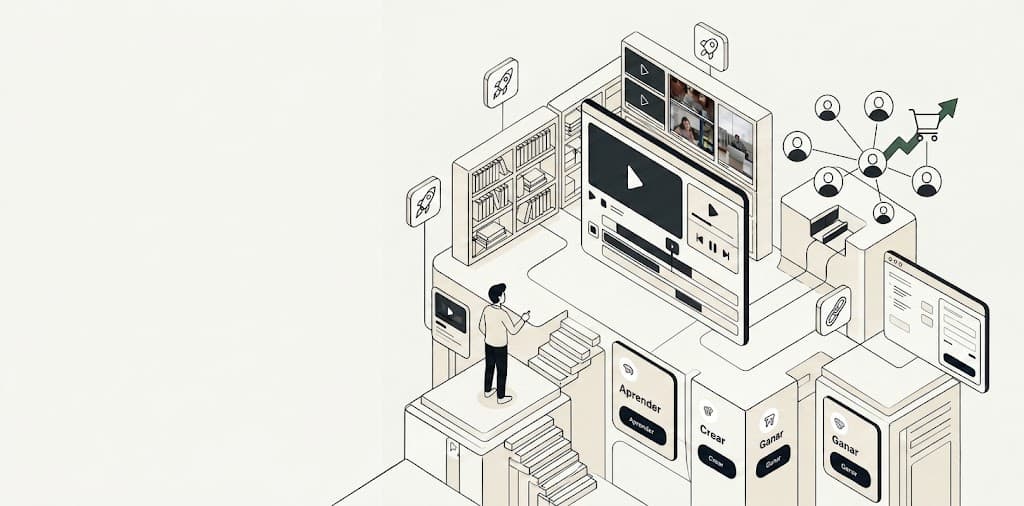 Ilustración isométrica de la plataforma Guías: una persona frente a un editor de video, con módulos de cursos, herramientas, edición de clips, afiliados y pagos integrados