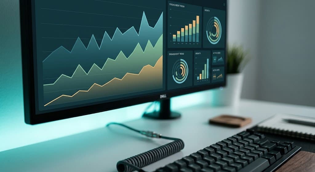 Dashboard de métricas de redes sociales con gráficas ascendentes, estética editorial