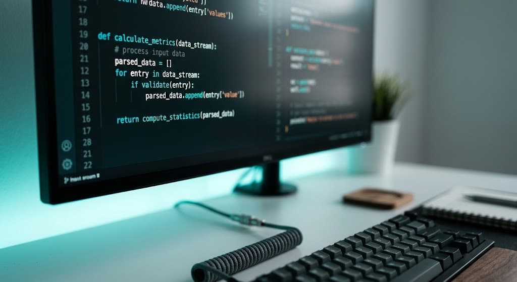 Pantalla de código limpio con editor moderno, tono oscuro con acento teal